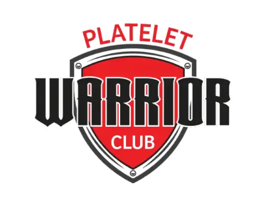 Platelet Warrior Club logo: red shield with black border, 'WARRIOR' across in bold letters with 'PLATELET' above and 'CLUB' below
