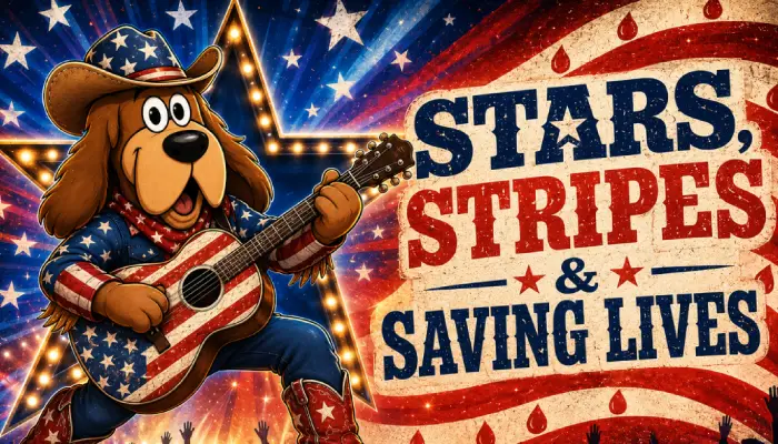 Stars Stripes Saving Lives - Miller-Keystone Blood Center, Pennsylvania & New Jersey Cartoon dog in a star-spangled outfit plays a guitar on a patriotic stage with a Stars, Stripes & Saving Lives banner.