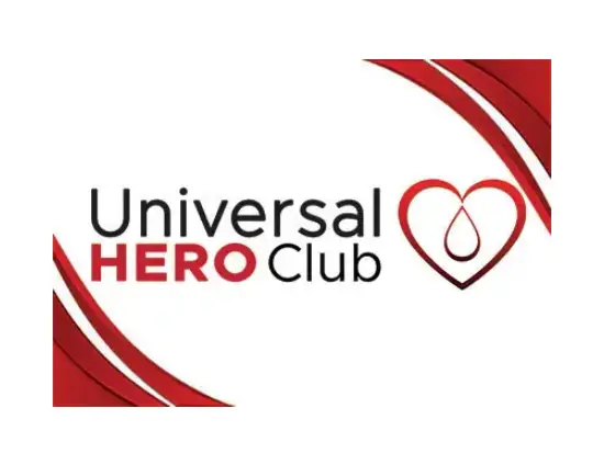 Universal Hero Club logo with the words 'Universal' and 'HERO' and a heart-with-droplet icon on a white background, accented by red curves.