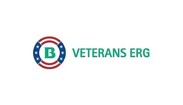Logo for Veterans ERG: green B inside a blue circle with white stars and red rings, followed by teal 'VETERANS ERG' text.