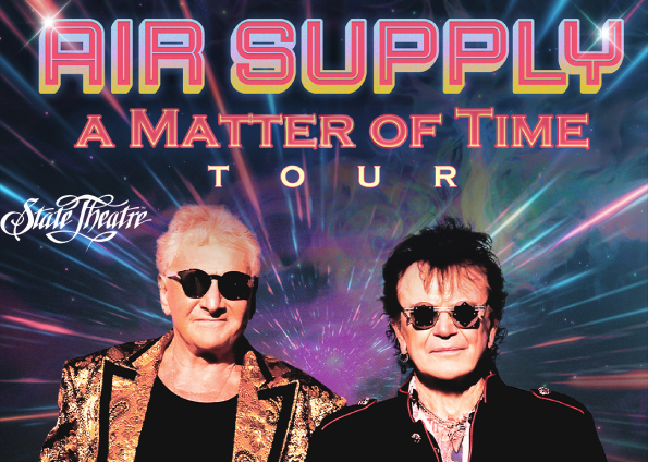 Concert poster for 'Air Supply: A Matter of Time Tour' with two men in sunglasses against a neon, starburst background.