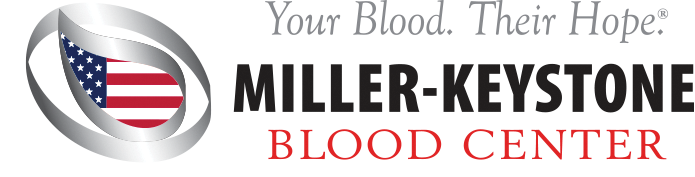 Miller-Keystone Blood Center logo with silver rings around a circular American flag badge and the slogan 'Your Blood. Their Hope.'