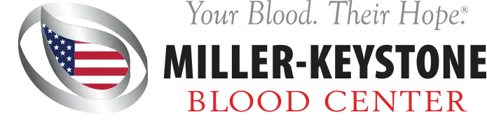 Miller-Keystone Blood Center logo with silver rings around a circular American flag badge and the slogan 'Your Blood. Their Hope.'