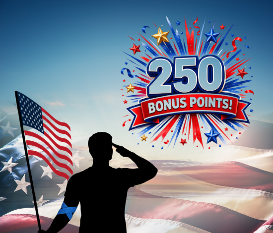 Silhouette saluting in front of waving American flags, with a large 250 Bonus Points graphic and fireworks in the sky.