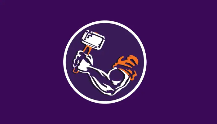 Purple background with a white circular outline enclosing a muscular forearm gripping a hammer; orange accents on the forearm.
