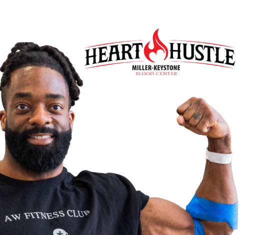 Smiling man with a flexed bicep and blue bandage on his arm, under the Heart Hustle logo.