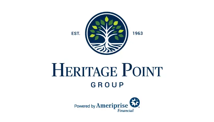 Heritage Point Group logo: circular emblem with a white tree and green leaves, EST. 1963; 'HERITAGE POINT GROUP' text beneath, and 'Powered by Ameriprise Financial' at the bottom.