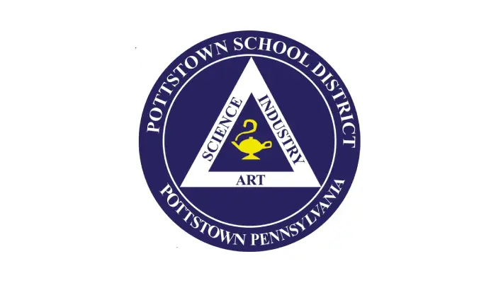 Seal of Pottstown School District, Pottstown, Pennsylvania, featuring a blue circular border with white text surrounding a white triangle containing a yellow lamp and the words SCIENCE, INDUSTRY, ART at its sides.