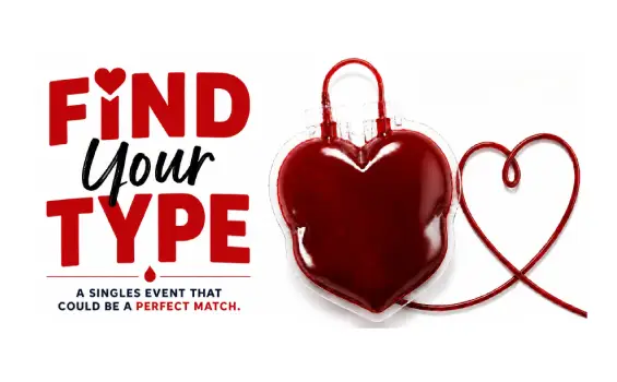 Promo image for a singles event 'Find Your Type' featuring a red heart-shaped padlock and a heart-shaped cord, suggesting a perfect match.