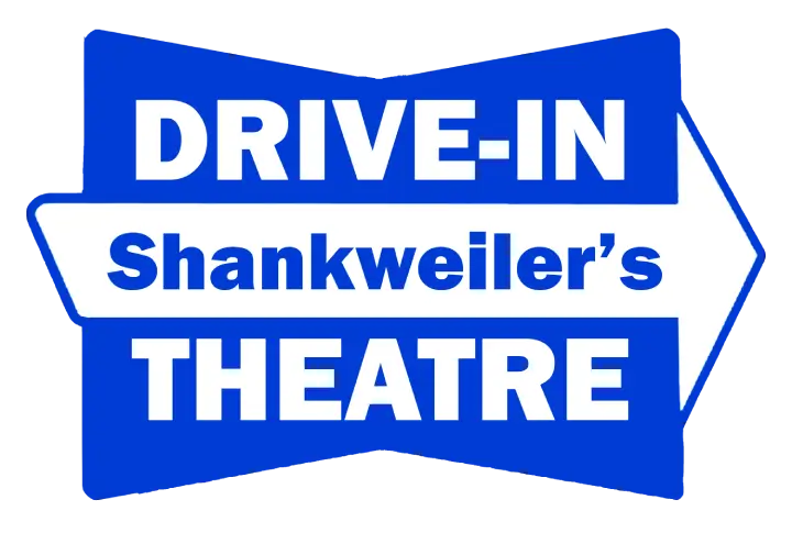 Blue drive-in theatre sign with white bold text saying 'DRIVE-IN' and 'Shankweiller’s THEATRE' and an arrow graphic extending to the right, on a blue background with white accents.