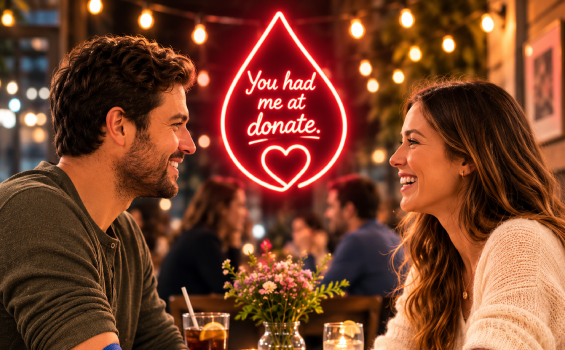 Couple seated at a cozy restaurant, smiling at each other, with string lights and a neon sign reading 'You had me at donate' in the background.