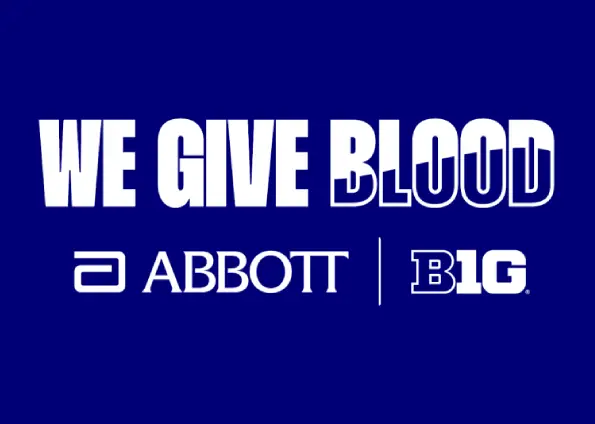 Blue banner with bold white text: 'WE GIVE BLOOD', followed by Abbott and B1G logos separated by a vertical line—blood donation promo.