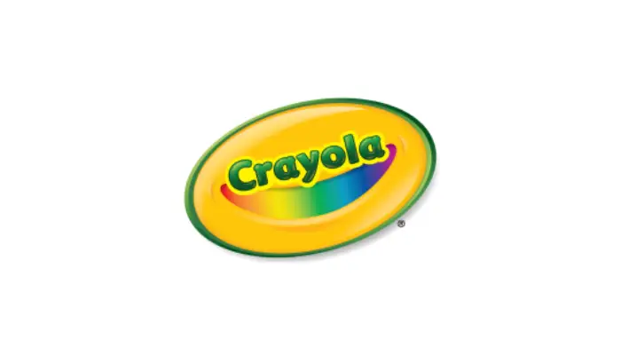 Crayola logo: yellow oval with green border and rainbow-colored swoosh, 'Crayola' text in green and purple