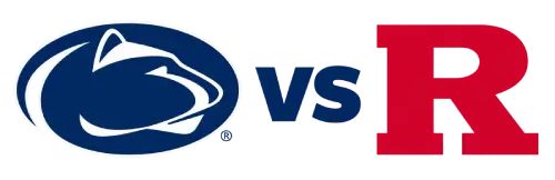 Penn State vs Rutgers matchup logo showing Penn State's lion emblem, 'VS', and Rutgers' red 'R' symbol.