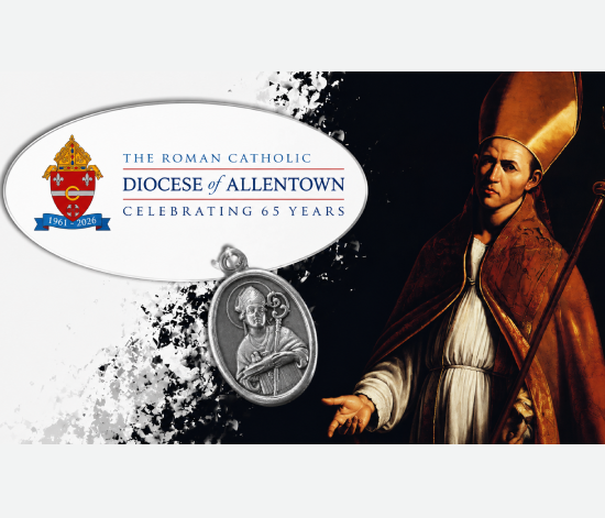 Banner for The Roman Catholic Diocese of Allentown celebrating 65 years, featuring the diocese seal on the left and a bishop portrait on the right with a hanging silver medal image in the foreground.