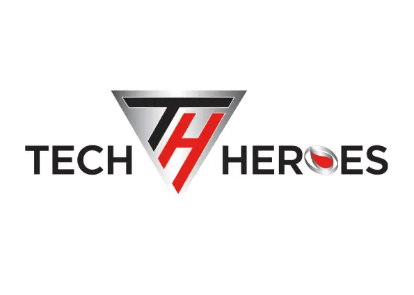 Tech Heroes logo: a triangular shield with T and H in red and gray, between the words Tech Heroes